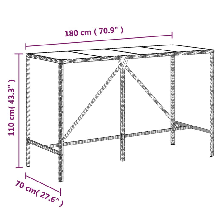 Барный стол со стеклянной столешницей коричневого цвета 180x70x110 см из полиротанга