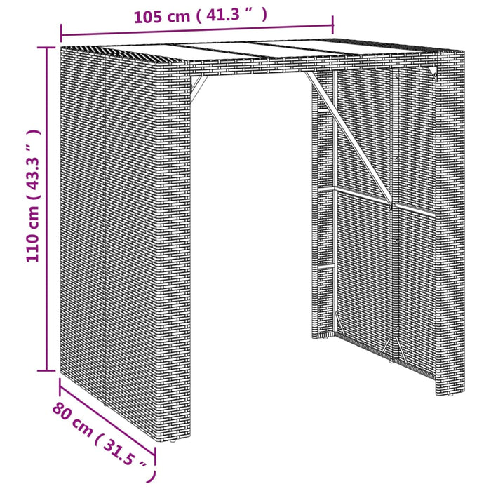 Барный стол со стеклянной столешницей, серый, 105x80x110 см, полиротанг