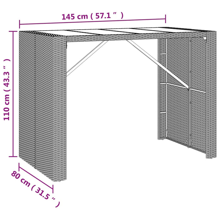 Бар маса със стъклен плот кафява 145x80x110 см полиратан