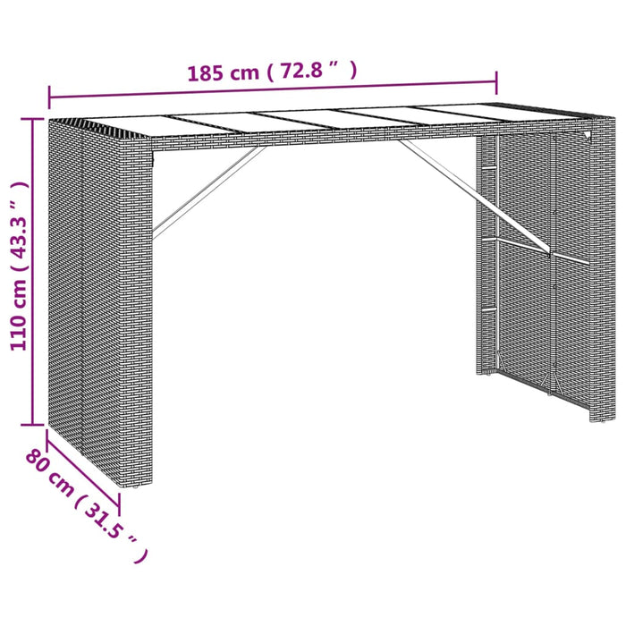 Барный стол со стеклянной столешницей черного цвета 185x80x110 см из полиротанга