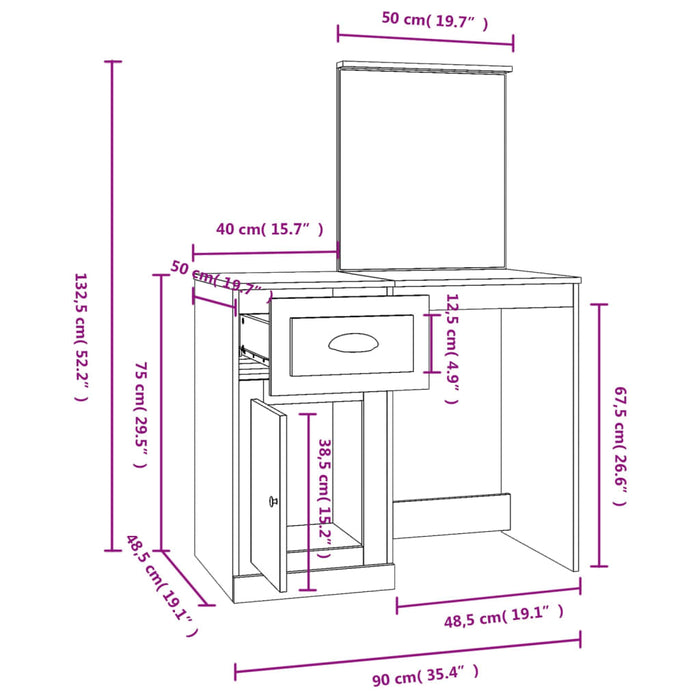 Dressing Table with Mirror Sonoma Oak 90x50x132.5 cm Engineered Wood