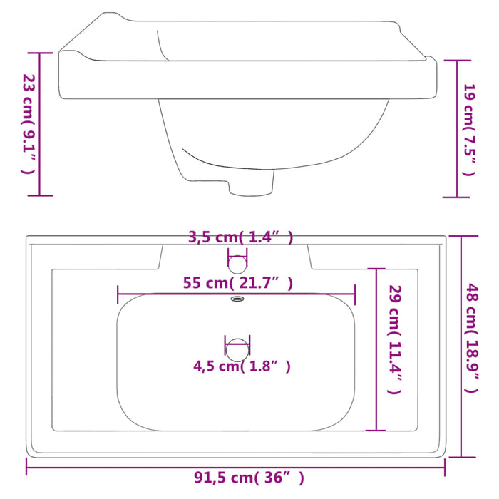 Bathroom Sink White 91.5x48x23 cm Rectangular Ceramic