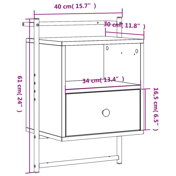 Нощно шкафче Стенен опушен дъб 40x30x61 см инженерно дърво