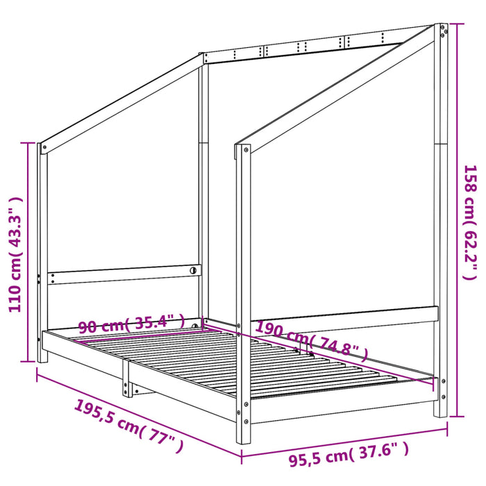 Kids Bed Frame Black 90x190 cm Solid Wood Pine