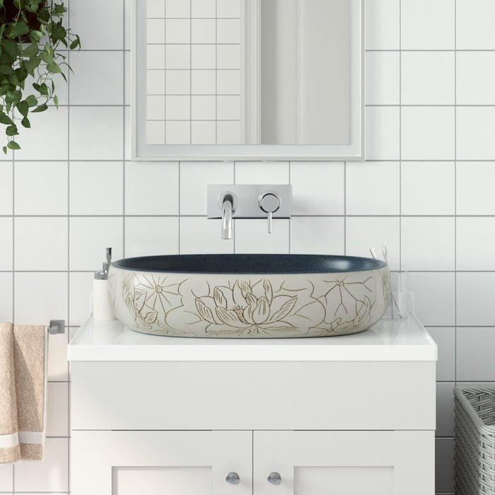 Countertop Basin Sand and Blue Oval 59x40x14 cm Ceramic