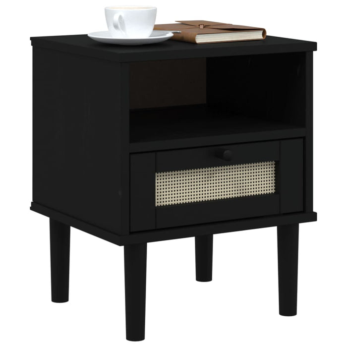 Bedside Cabinet SENJA Rattan Look Black 40x35x48 cm Solid Wood Pine