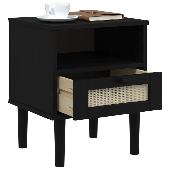 Bedside Cabinet SENJA Rattan Look Black 40x35x48 cm Solid Wood Pine