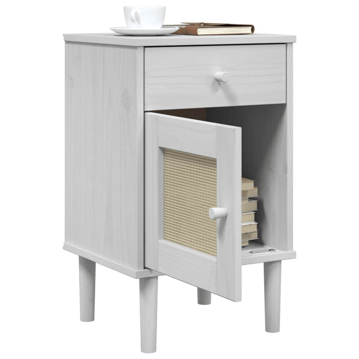 Bedside Cabinet SENJA Rattan Look White 40x35x65 cm Solid Wood Pine