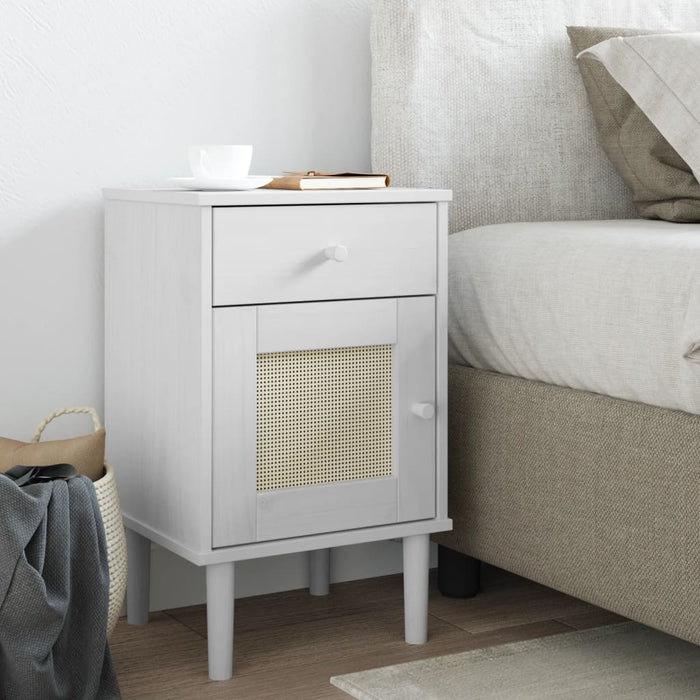 Bedside Cabinet SENJA Rattan Look White 40x35x65 cm Solid Wood Pine