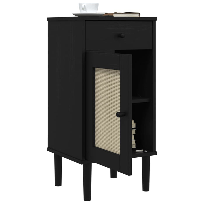 Bedside Cabinet SENJA Rattan Look Black 40x35x80 cm Solid Wood Pine