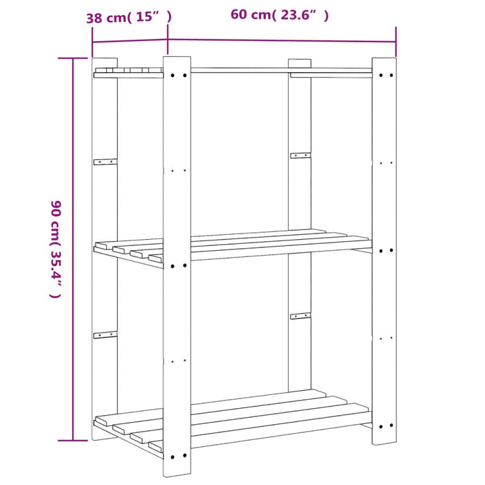 3-етажен стелаж за съхранение Кафяв 60x38x90 см масивно дърво бор