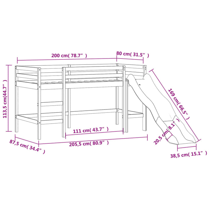 Kids' Loft Bed without Mattress with Slide Black 80x200 cm