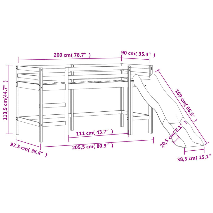 Kids' Loft Bed without Mattress with Slide Black 90x200 cm