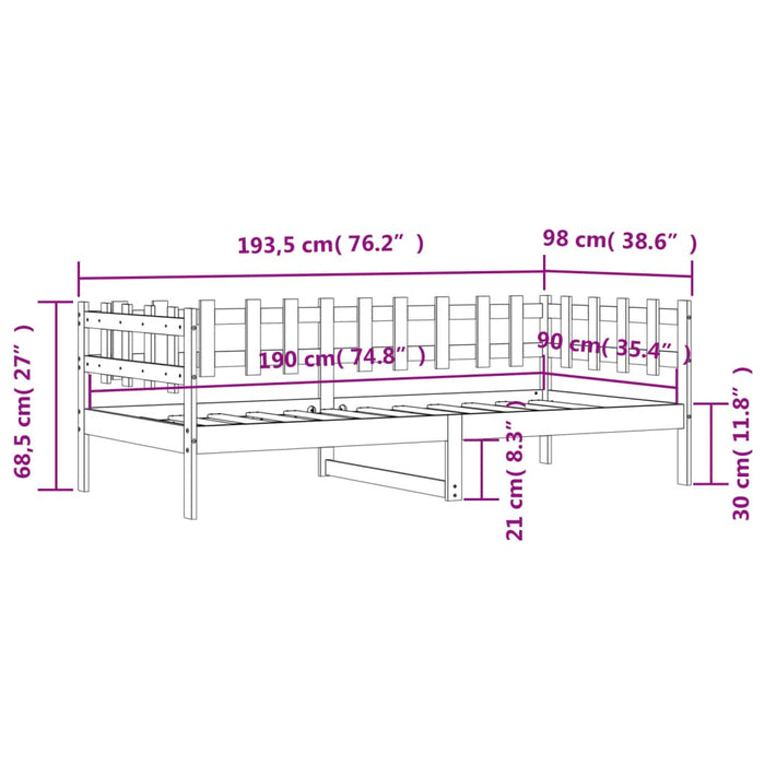 Pat de zi fara Saltea Alb 90x190 cm Single Lemn Masivul Pin