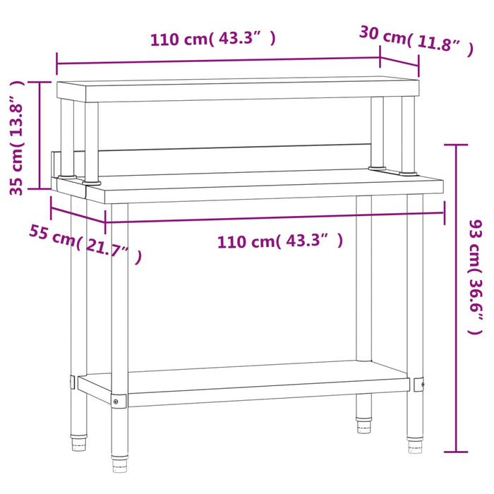 Kitchen Work Table with Overshelf 110x55x120 cm Stainless Steel