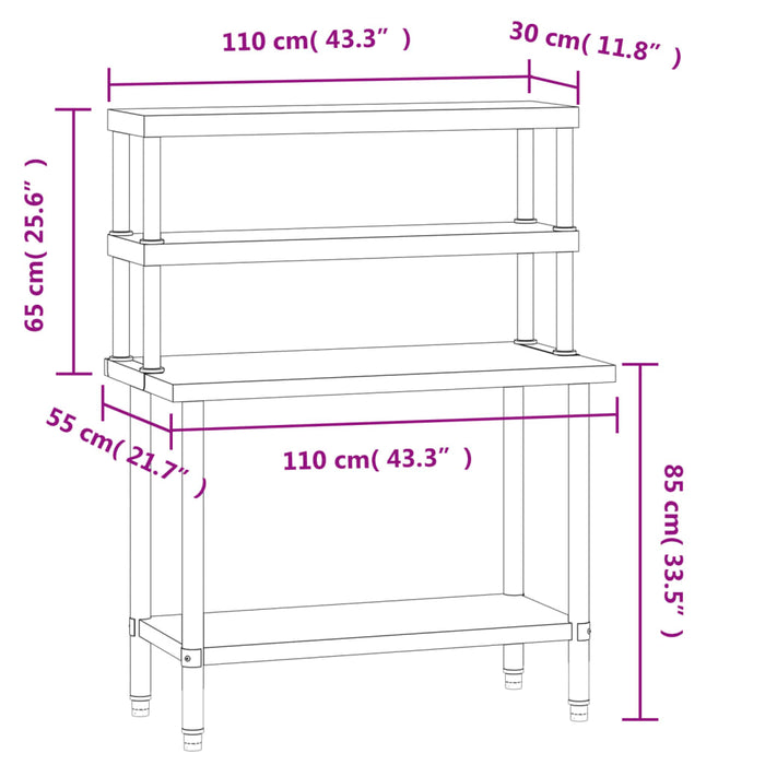 Kitchen Work Table with Overshelf 110x55x150 cm Stainless Steel