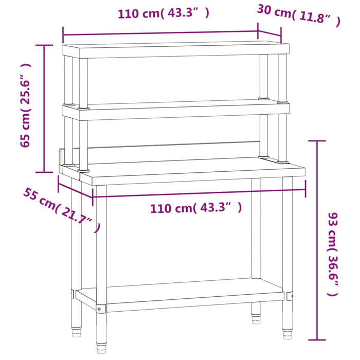 Kitchen Work Table with Overshelf 110x55x150 cm Stainless Steel