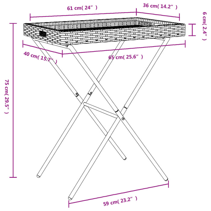 Folding Tray Table Brown 65x40x75 cm Poly Rattan