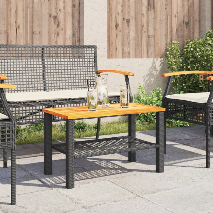 Garden Table Black 70x38x42 cm Poly Rattan Acacia Wood