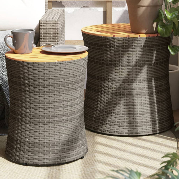 Garden Side Tables 2 pcs with Wooden Top Grey Poly Rattan