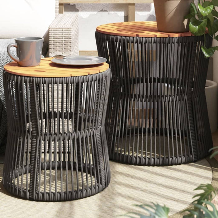 Garden Side Tables 2 pcs with Wooden Top Grey Poly Rattan