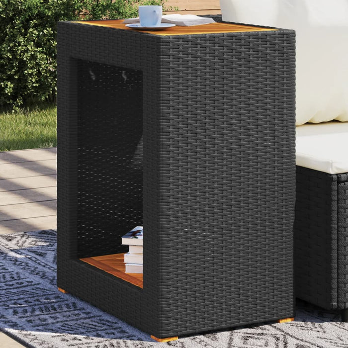 Garden Side Table with Wooden Top Black 60x40x75 cm Poly Rattan