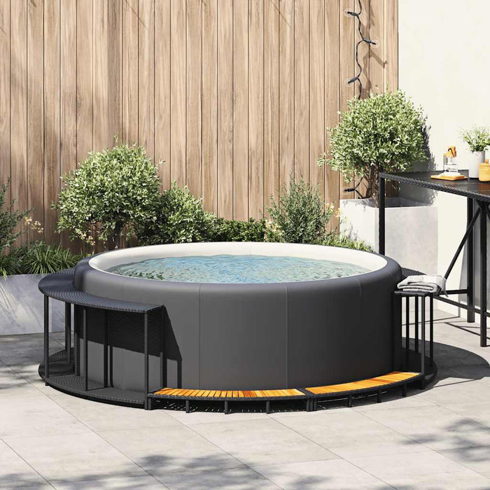 Hot Tub Surround with Storage and Wooden Step Black Poly Rattan