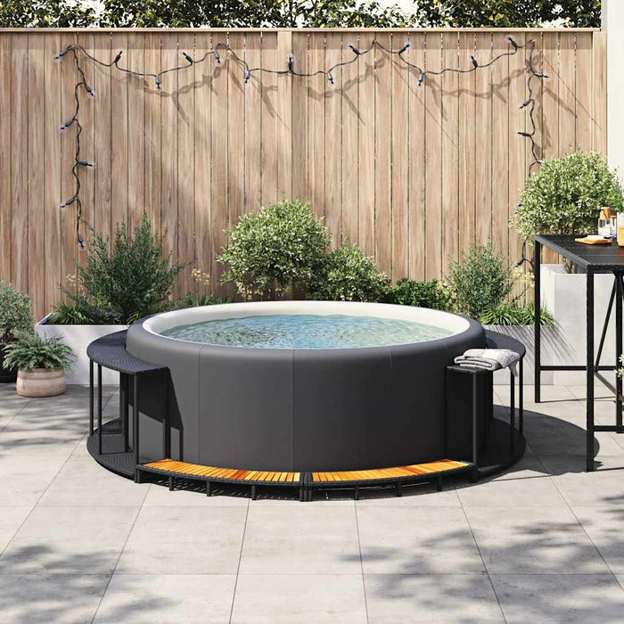 Hot Tub Surround with Storage and Wooden Step Black Poly Rattan