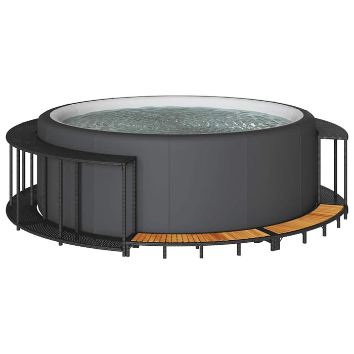 Hot Tub Surround with Storage and Wooden Step Black Poly Rattan