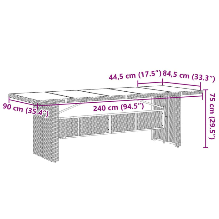 Градинска маса със стъклен плот кафява 240x90x75 см полиратан