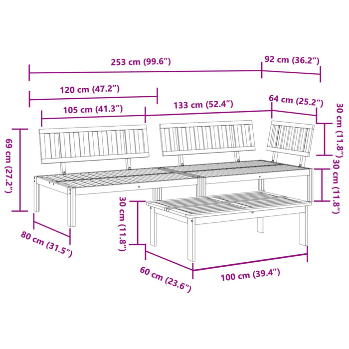 3 Piece Garden Pallet Sofa Set Solid Wood Acacia