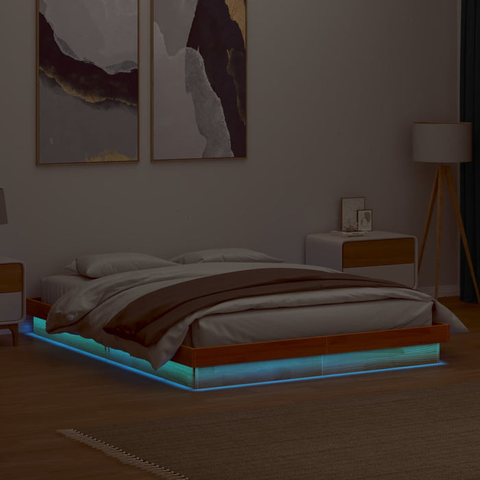 LED Bed Frame without Mattress Wax Brown 150x200 cm King Size Solid Wood