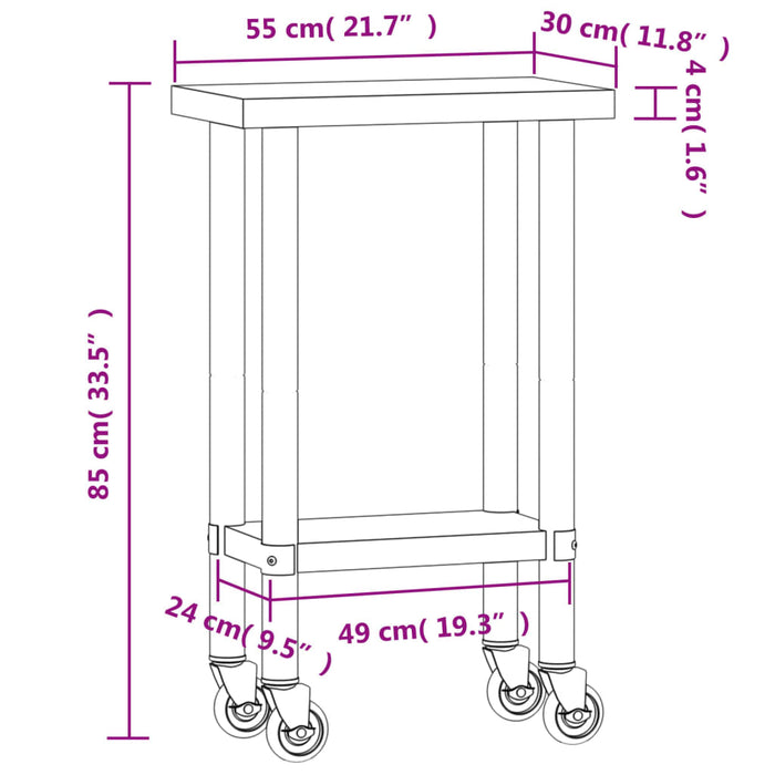 Kitchen Work Table with Wheels 55x30x85 cm Stainless Steel