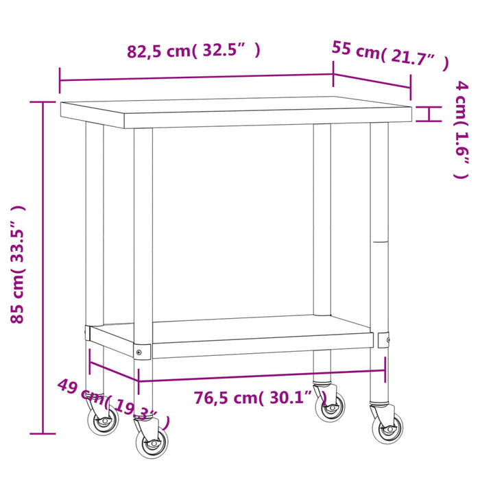 Kitchen Work Table with Wheels 82.5x55x85 cm Stainless Steel