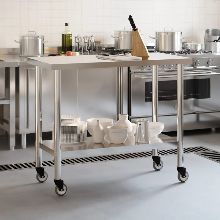 Kitchen Work Table with Wheels 110x55x85 cm Stainless Steel