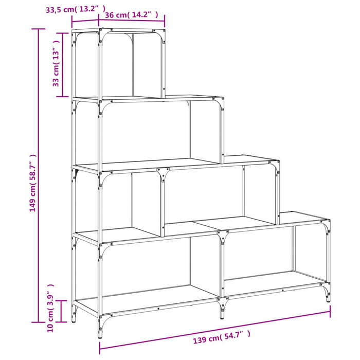 Bibliotecă cu 4 scări, gri Sonoma, 139x33,5x149 cm, lemn prelucrat