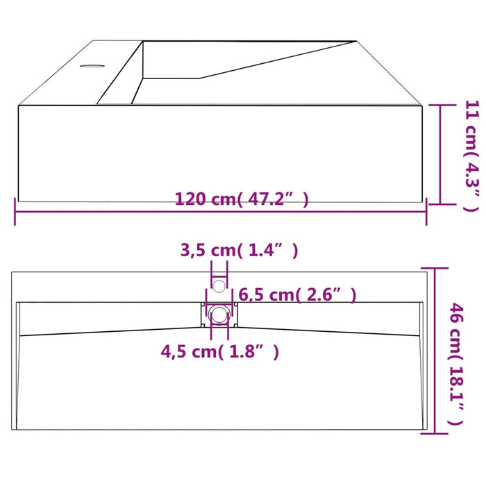 Мивка 120x46x11 см Минерална отливка/Мраморна отливка Черен мат