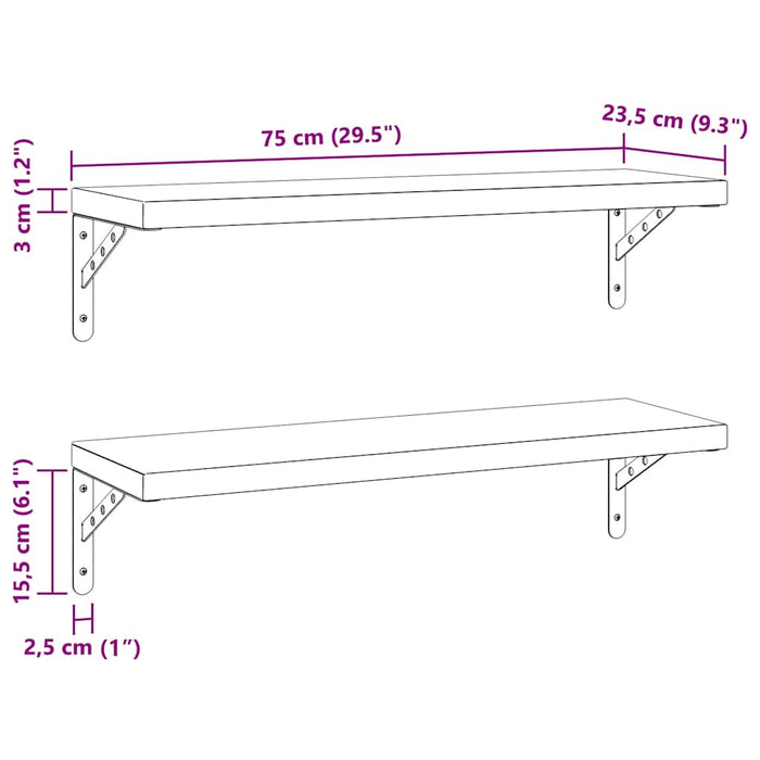 Rafturi de perete 2 buc 75x23,5 cm Argintiu Otel Inoxidabil