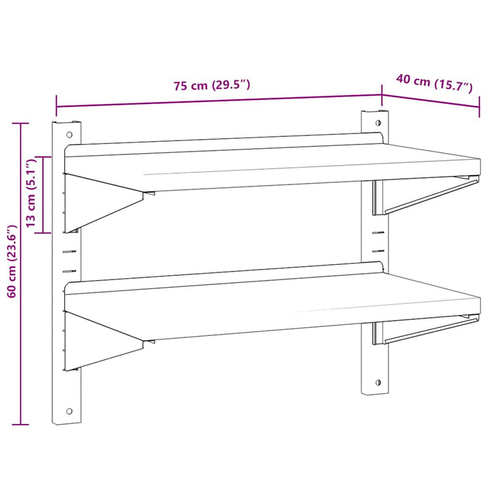 2-Tier Wall Shelf 75x40x60 cm Silver Stainless Steel