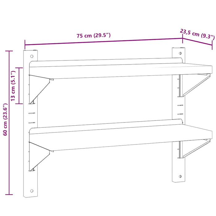 2-Tier Wall Shelf 75x23.5x60 cm Silver Stainless Steel