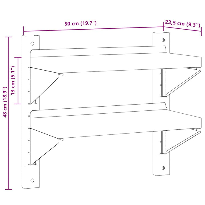 2-Tier Wall Shelf 50x23.5x48 cm Silver Stainless Steel