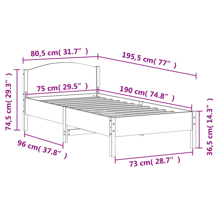 Cadru Pat fara Saltea Alb 75x190 cm Mic Single Lemn Masivul Pin