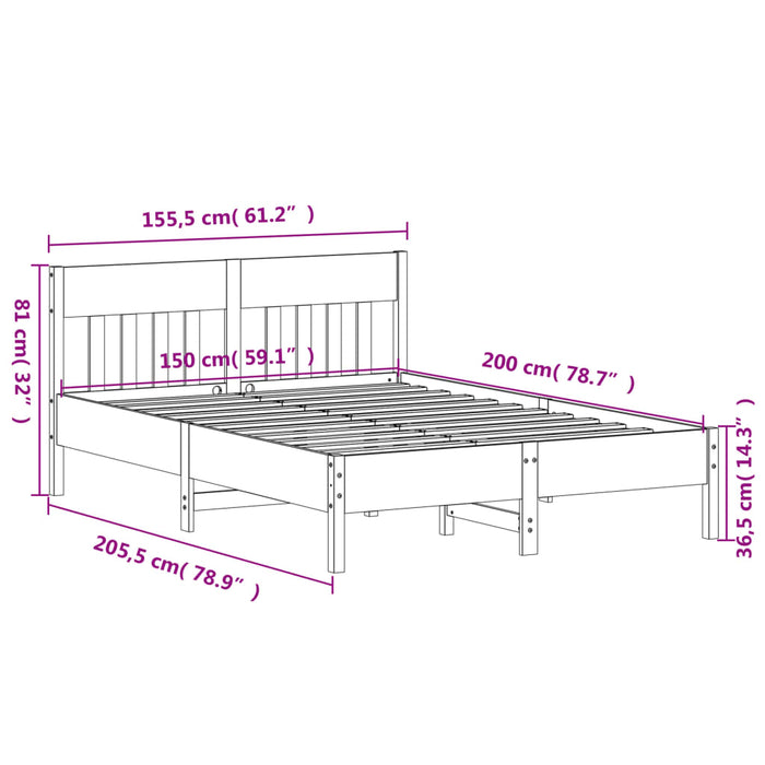 Рамка за легло без матрак Бяла 150x200 см King Size Масив Бор