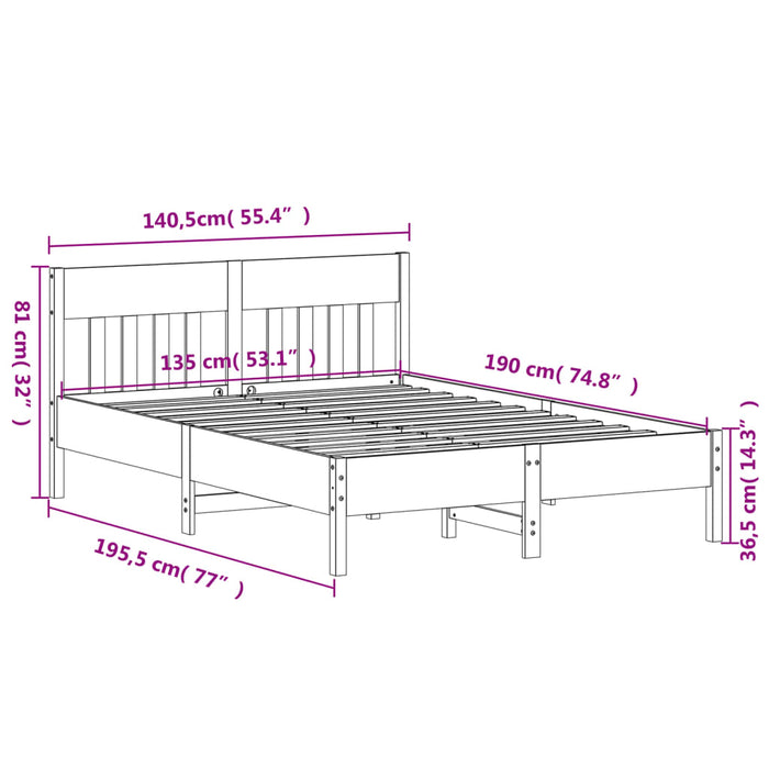 Cadru Pat fara Saltea Alb 135x190 cm Dublu Lemn Masivul Pin