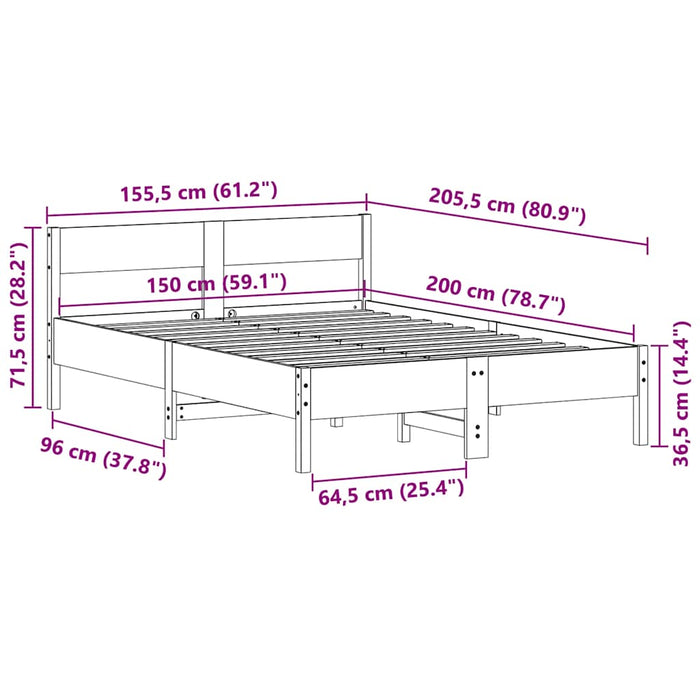 Рамка за легло без матрак Бяла 150x200 см King Size Масив Бор