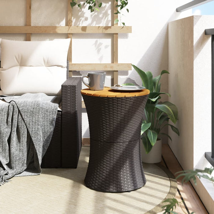 Garden Side Table Drum Shape Black Poly Rattan and Solid Wood