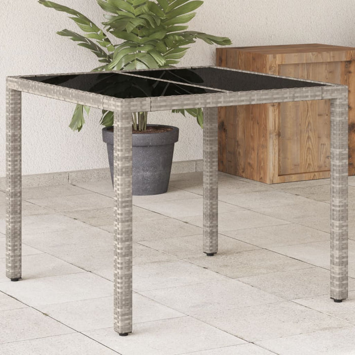 Garden Table with Glass Top Light Grey 90x90x75 cm Poly Rattan