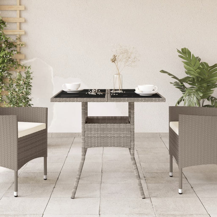 Garden Table with Glass Top Light Grey 80x80x75 cm Poly Rattan