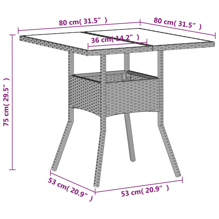 Garden Table with Glass Top Light Grey 80x80x75 cm Poly Rattan