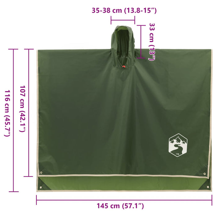 Rain Poncho with Hood 2-in-1 Design Green 223x145 cm